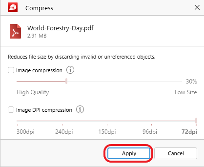 PDF Extra: the PDF compression settings panel with the "Apply" button highlighted